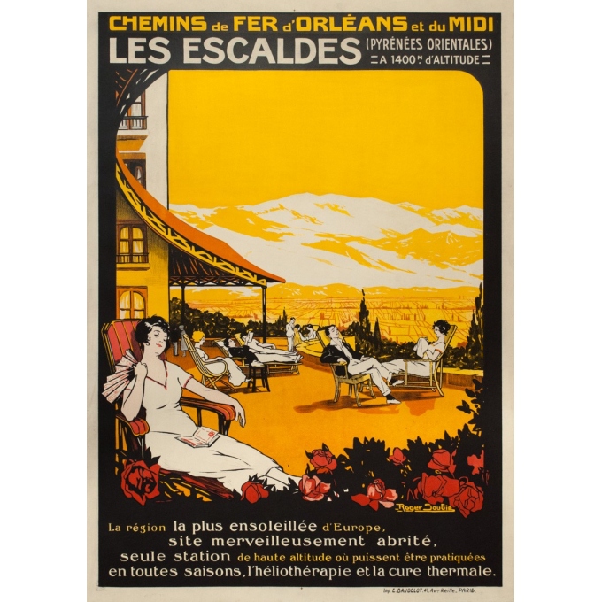 Affiche ancienne de voyage - Roger Soubie - 1930- Escaldes-Pyrénées orientales- 105 par 75 cm