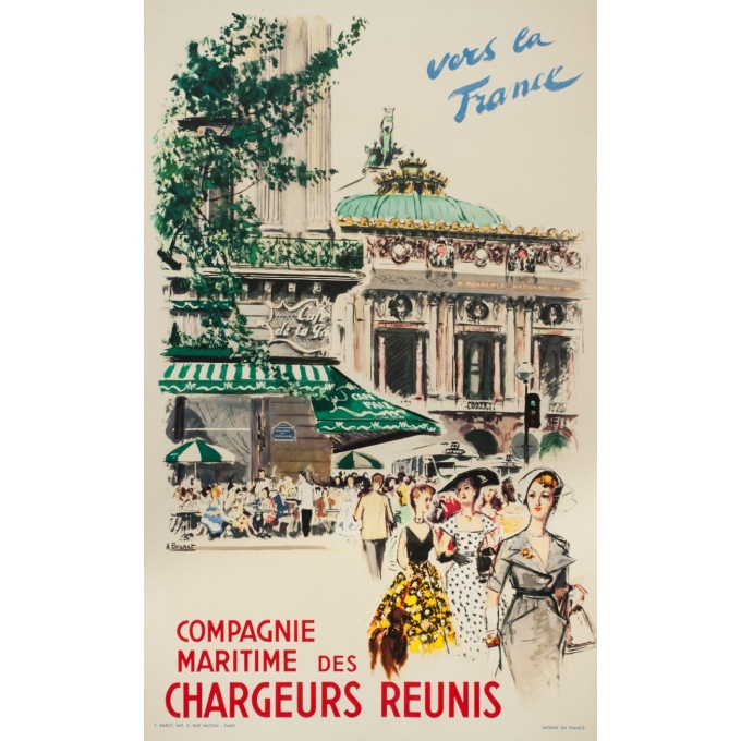 Affiche ancienne de voyage - Albert Brenet - 1950 - Vers la France- compagnie maritimes des chargeurs réunis - 100 par 62 cm