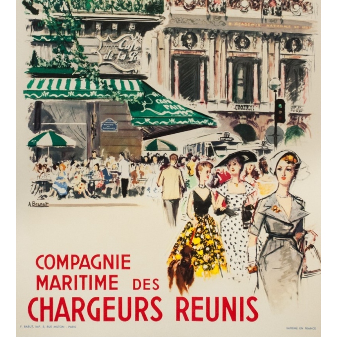 Affiche ancienne de voyage - Albert Brenet - 1950 - Vers la France- compagnie maritimes des chargeurs réunis - 100 par 62 cm - 3