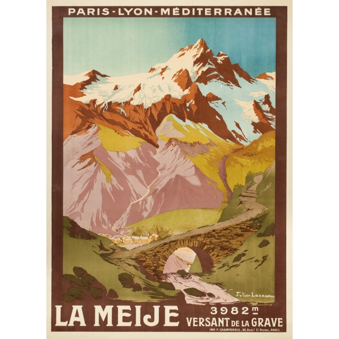 Vintage travel poster - Julien Lacaze  - 1910 - La Meije- Versant de la Grave - 42.1 by 30.7 inches