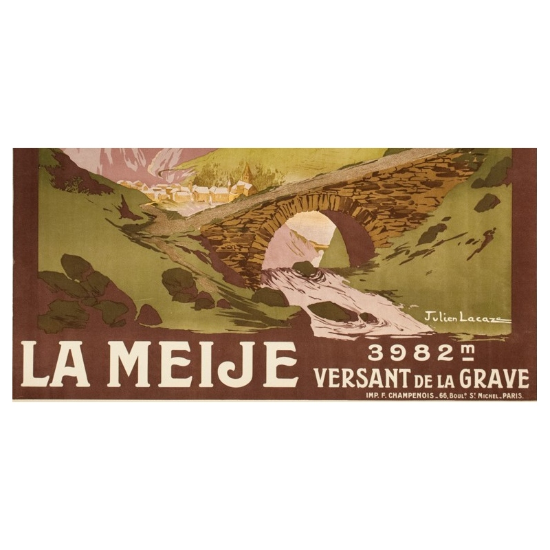 Affiche ancienne de voyage - Julien Lacaze  - 1910 - La Meije- Versant de la Grave - 107 par 78 cm - Vue 3