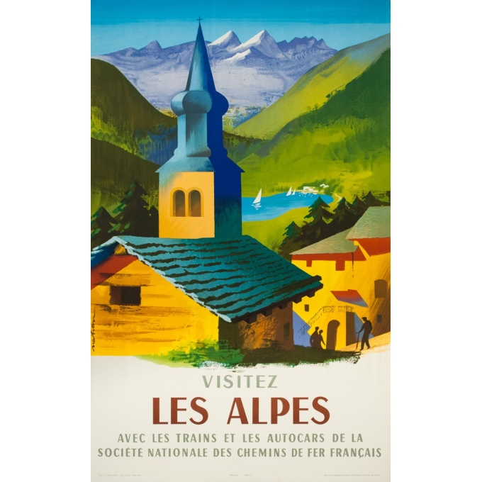 Affiche ancienne de voyage - Nathan - 1958 - Visitez les Alpes - 100 par 63 cm