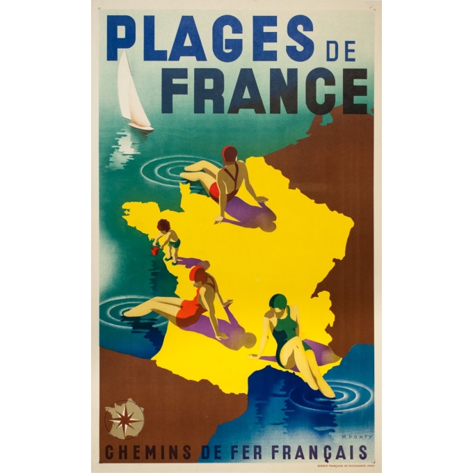 Affiche ancienne de voyage - M.Ponty - 1935-  Plages de France - 100 par 62 cm