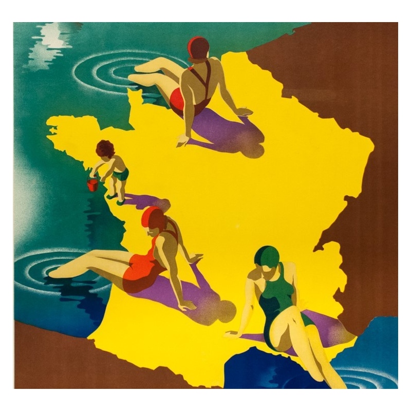 Vintage travel poster - M.Ponty - 1935 - Plages de France - 39.4 by 24.4 inches - 3