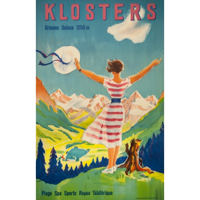 Affiche ancienne de voyage - L - 1954 - Klosters - Suisse-Grisons - 101.5 par 65 cm