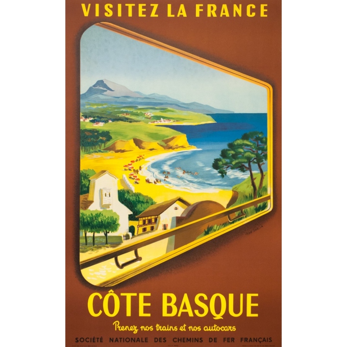 Affiche ancienne de voyage - Jean Garcia  - 1952 - Côte Basque - 100 par 62 cm