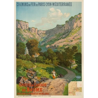 Affiche ancienne de voyage - Tanconvillle - 1898- PLM -Grottes et cascades de Baume - 106 par 76 cm