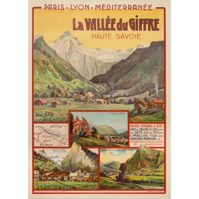 Affiche ancienne de voyage - Henri Polart - 1908 - PLM - La vallée du Giffre - 107 par 77 cm