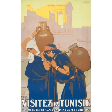 Affiche ancienne de voyage - Joseph de la Nézière - 1929- Douggas- Visitez la Tunisie - 100 par 63 cm