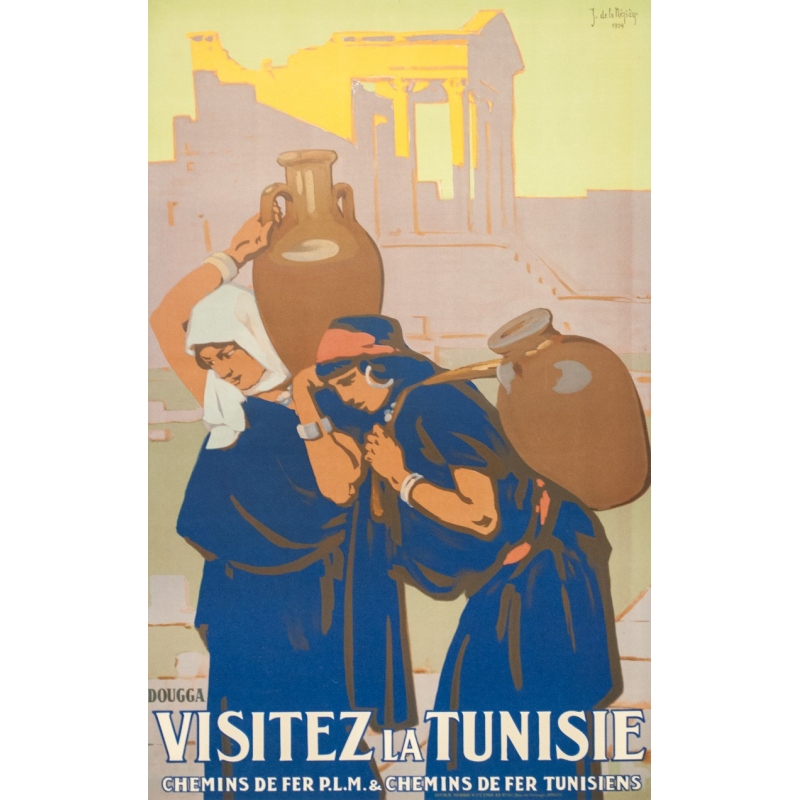 Affiche ancienne de voyage - Joseph de la Nézière - 1929- Douggas- Visitez la Tunisie - 100 par 63 cm