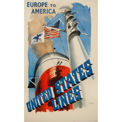 Affiche ancienne de voyage - Y . Delfo - 1950 - United states lines - Europe to America - 99 par 60 cm