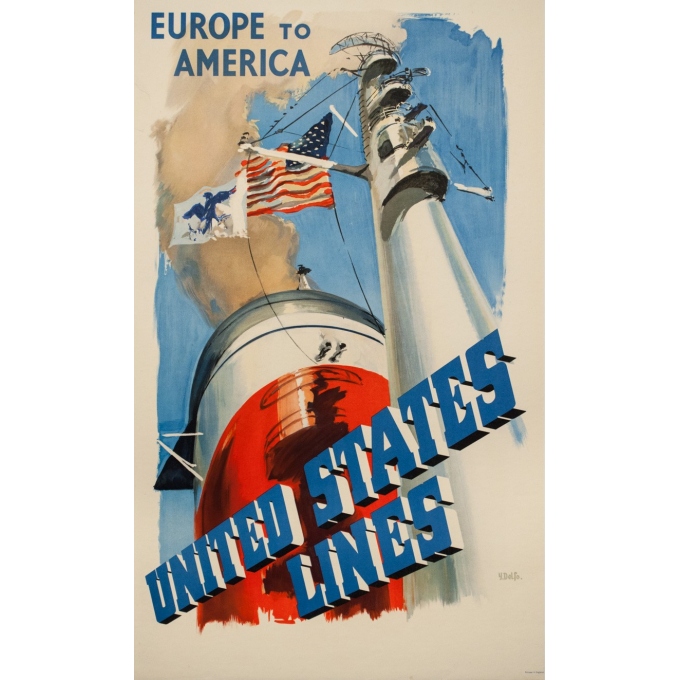 Affiche ancienne de voyage - Y . Delfo - 1950 - United states lines - Europe to America - 99 par 60 cm