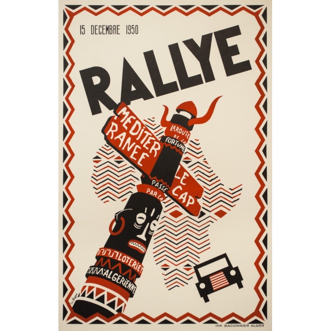 Affiche ancienne de voyage - la Hogue - 1950- Rallye - Algers - Le cap - 100 par 65.5 cm