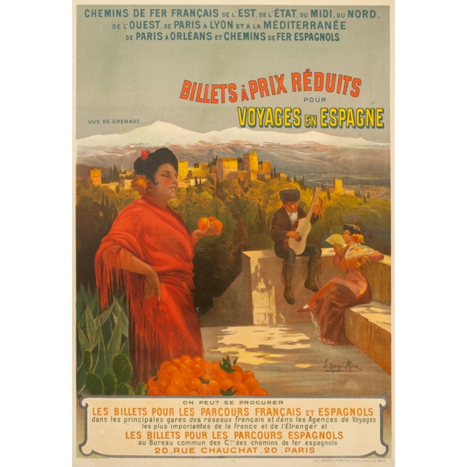 Affiche ancienne de voyage - Hugo d'Alési - 1900 - Billets à prix réduits pour Voyages en Espagne - 113.5 par 81 cm