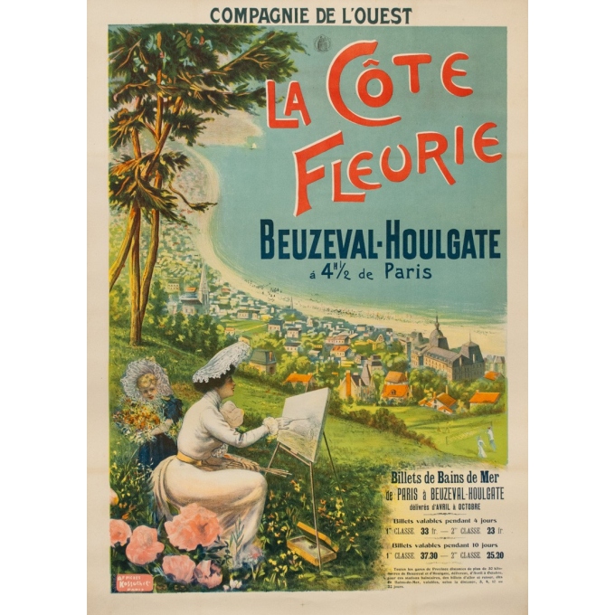 Affiche ancienne de 1895 - Compagnie de l'Ouest - La Côte fleurie Beuzeval-Houlgate - 76 par 106cm