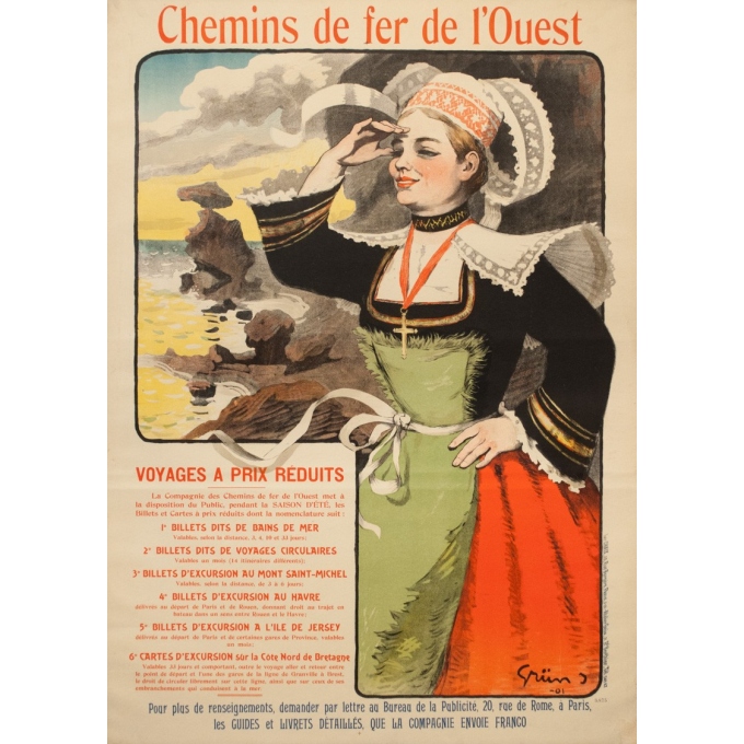 Affiche ancienne de voyage - Grün - 1901 - Bretagne Chemin de Fer de l'Ouest - 105.5 par 75 cm