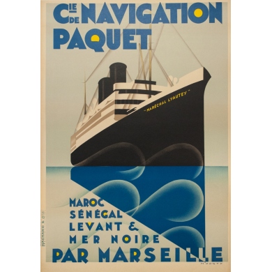 Affiche ancienne de voyage - M.Ponty - Circa 1930  - Compagnie Navigation Paquet - 104.5 par 73 cm