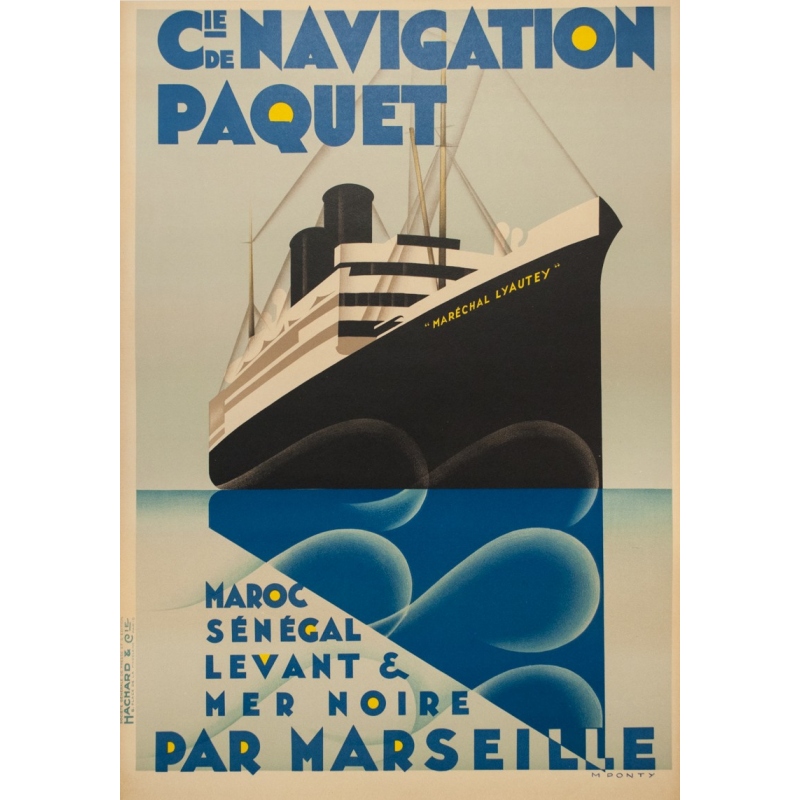 Vintage travel poster - M.Ponty - Circa 1930  - Compagnie Navigation Paquet - 41.1 by 28.7 inches
