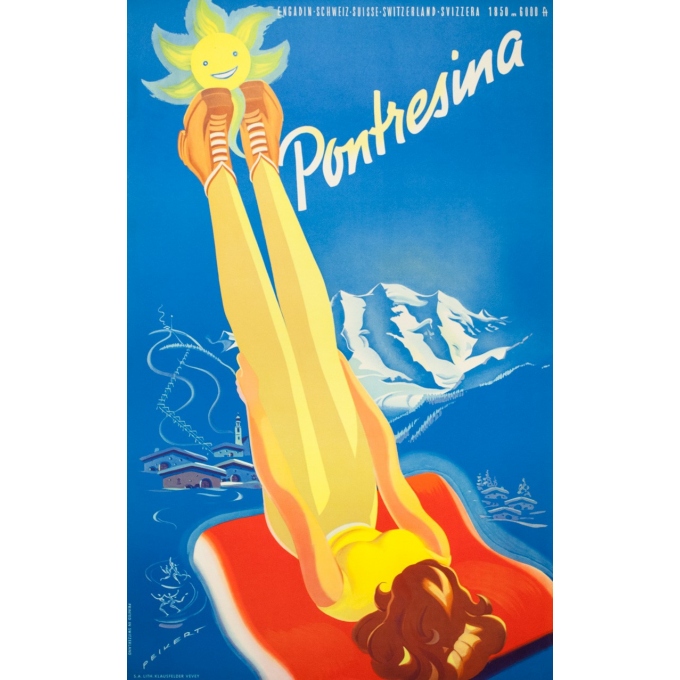 Affiche ancienne de voyage - Peikert - Circa 1950 -  Pontresina - 102 par 64 cm