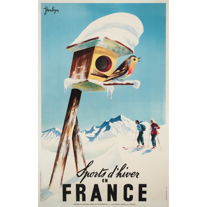 Vintage travel poster - Jean Leger - Circa 1950 - Sports d'hiver en France - 39 by 24.6 inches