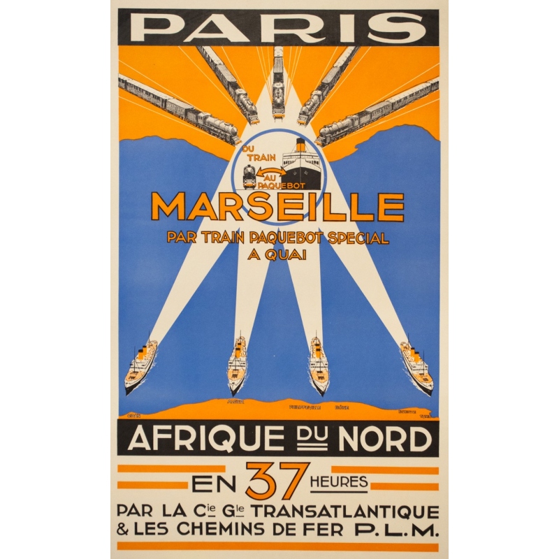 Affiche ancienne voyage - Anonyme - Circa 1930 - Paris Marseille Afrique du Nord Compagnie Transatlantique PLM - 100 par 60.5 cm