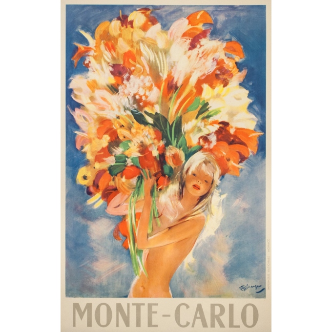 Affiche ancienne de voyage - J.G.Domergue - Circa 1950 - Montecarlo - 97.5 par 63.5 cm