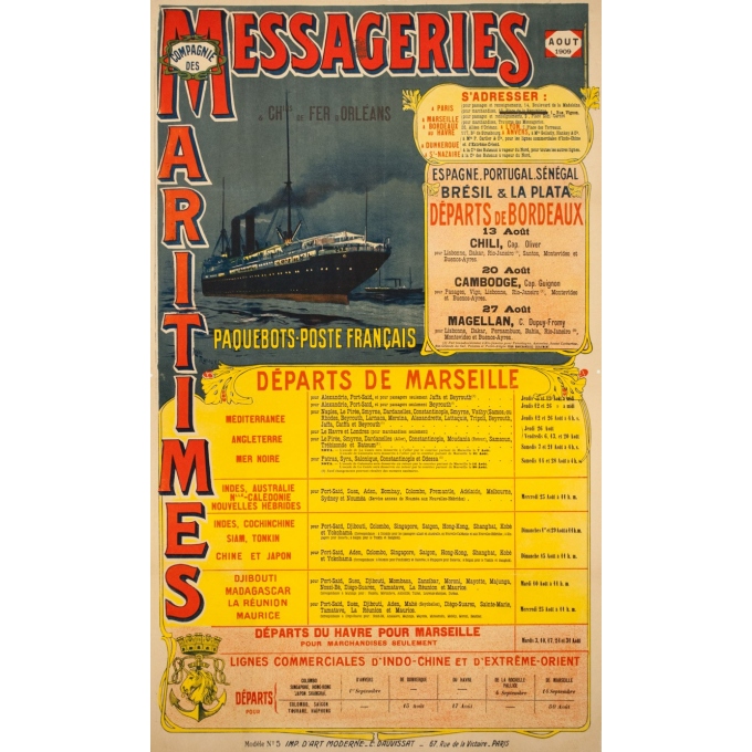 Affiche ancienne de voyage - Henri Rudaux - 1909 - Messagerie Maritime Paquebot Poste Français - 108 par 65 cm
