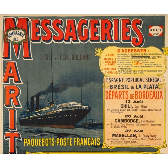 Vintage travel poster - Henri Rudaux - 1909 - Messagerie Maritime Paquebot Poste Français - 42.5 by 25.6 inches - 2