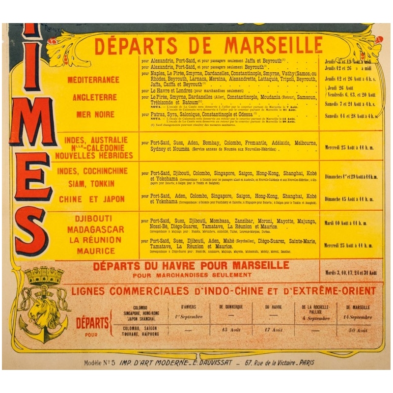 Vintage travel poster - Henri Rudaux - 1909 - Messagerie Maritime Paquebot Poste Français - 42.5 by 25.6 inches - 3