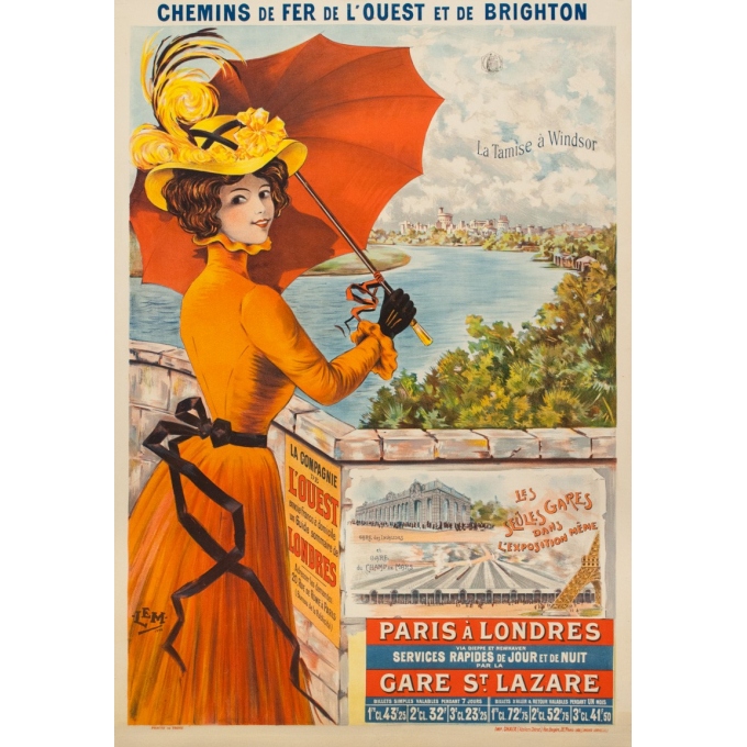 Affiche ancienne de voyage - Lem - 1900 - La Tamise à Windsor Paris à Londres - 106 par 74 cm