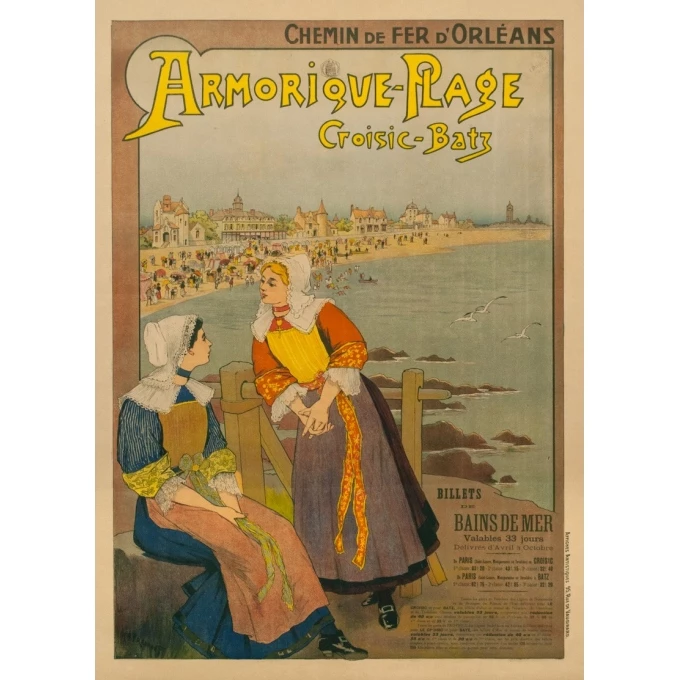 Affiche ancienne de voyage - G.Fraipont - Circa 1900 - Armorique Plage Le Croisic-Batz - 110 par 79 cm