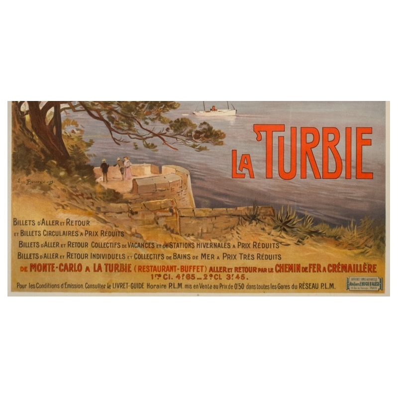 Vintage travel poster - E. Bourgeois - Circa 1900 - La Turbie  - 42.5 by 30.3 inches - 3