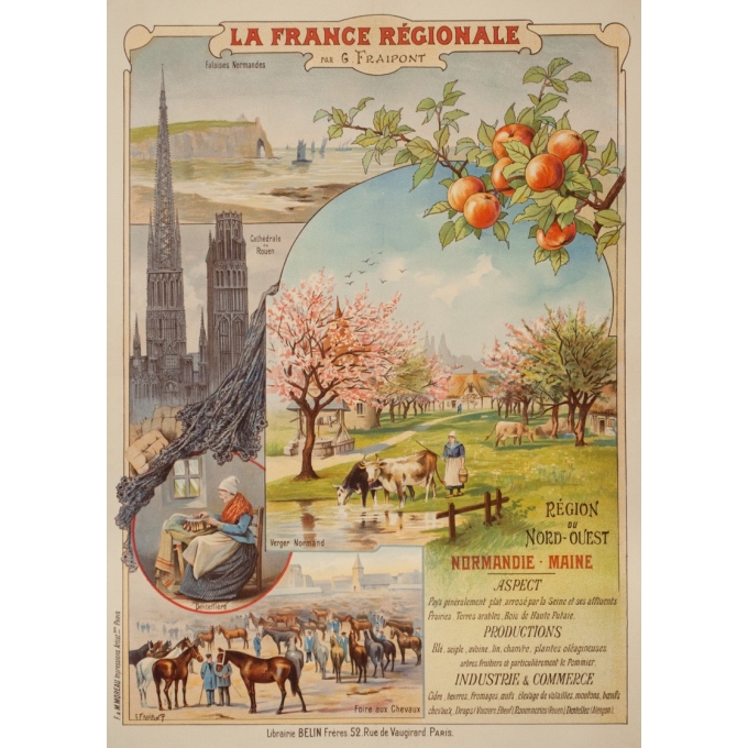 Affiche ancienne de voyage - Gustave Frépont - Circa 1900 - La France Régionale Normandie Maine - 77.5 par 56 cm