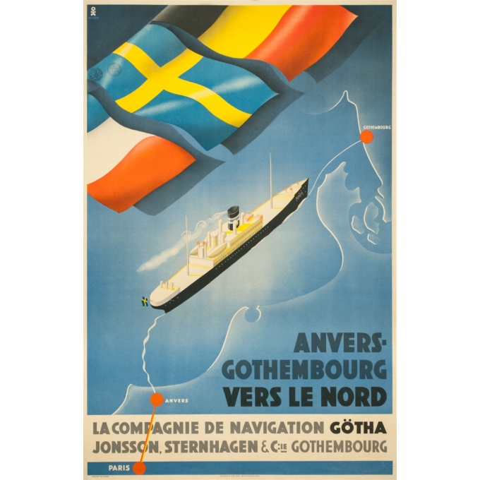 Affiche ancienne de voyage - Olsen - Circa 1930 - Compagnie de Navigation Götha - 99 par 64.5 cm