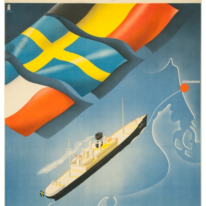 Affiche ancienne de voyage - Olsen - Circa 1930 - Compagnie de Navigation Götha - 99 par 64.5 cm - 2