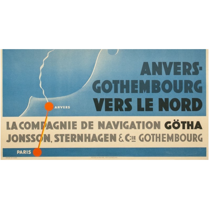 Affiche ancienne de voyage - Olsen - Circa 1930 - Compagnie de Navigation Götha - 99 par 64.5 cm - 3