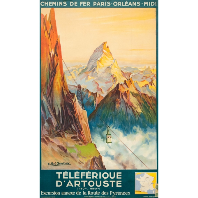 Affiche ancienne de voyage - E. Paul Champseix - 1934 - Téléférique d'Artouste - 99.5 par 60 cm