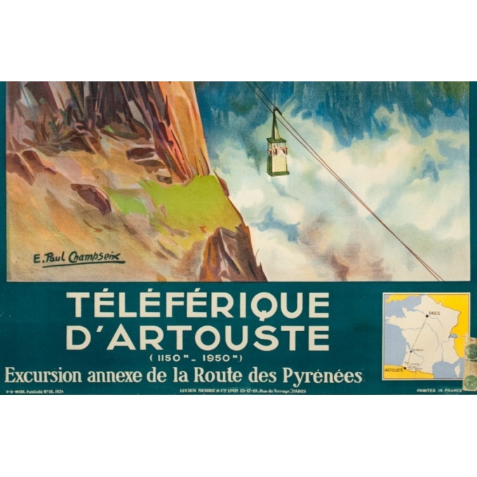 Affiche ancienne de voyage - E. Paul Champseix - 1934 - Téléférique d'Artouste - 99.5 par 60 cm - 3