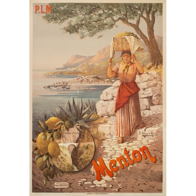 Affiche ancienne de voyage - Hugo d'Alési - Circa 1900 - Menton Citron PLM - 106 par 75 cm