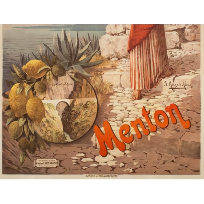 Vintage travel poster - Hugo d'Alési - Circa 1900 - Menton Citron PLM - 41.7 by 29.5 inches - 3