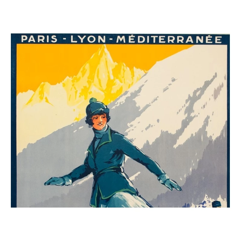 Vintage travel poster - Roger Soubi - 1924 - Chamonix Mont Blanc patineuse - 42.5 by 30.7 inches - 2
