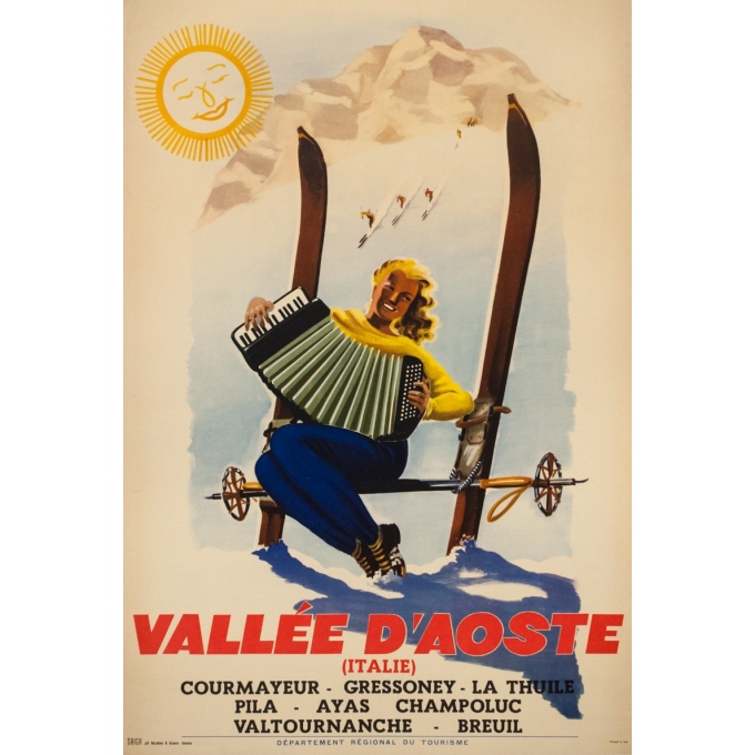 Affiche ancienne de voyage - Anonyme  - Circa 1950  - Vallée d'Aost Italie - 98.5 par 67 cm