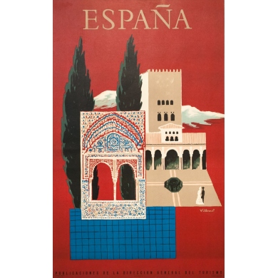 Vintage travel poster - Villemot - 1957 - Espagne Grenade Alhambra  - 39.4 by 24.4 inches