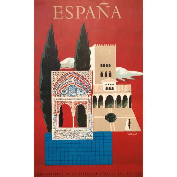 Affiche ancienne de voyage - Villemot - 1957 - Espagne Grenade Alhambra  - 100 par 62 cm