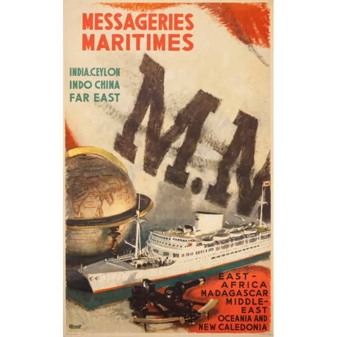 Affiche ancienne de voyage - A.Brenet - Circa 1950  - Messagerie Maritime Extrême Orient - 100 par 62.5 cm