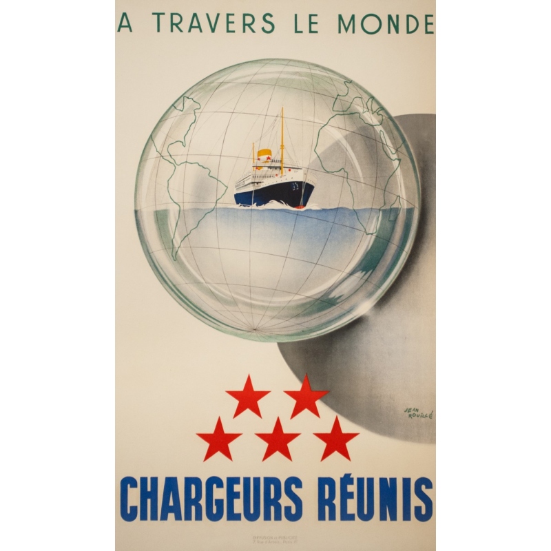 Affiche ancienne de voyage - Jean Brouillé - Circa 1950  - Chargeurs Réunis à Travers le Monde - 96 par 55.5 cm
