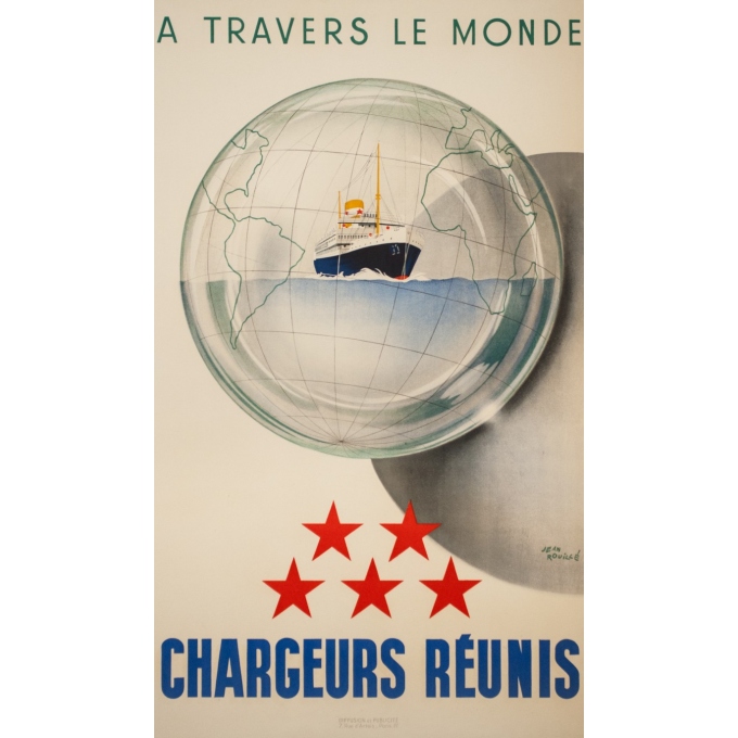 Affiche ancienne de voyage - Jean Brouillé - Circa 1950  - Chargeurs Réunis à Travers le Monde - 96 par 55.5 cm