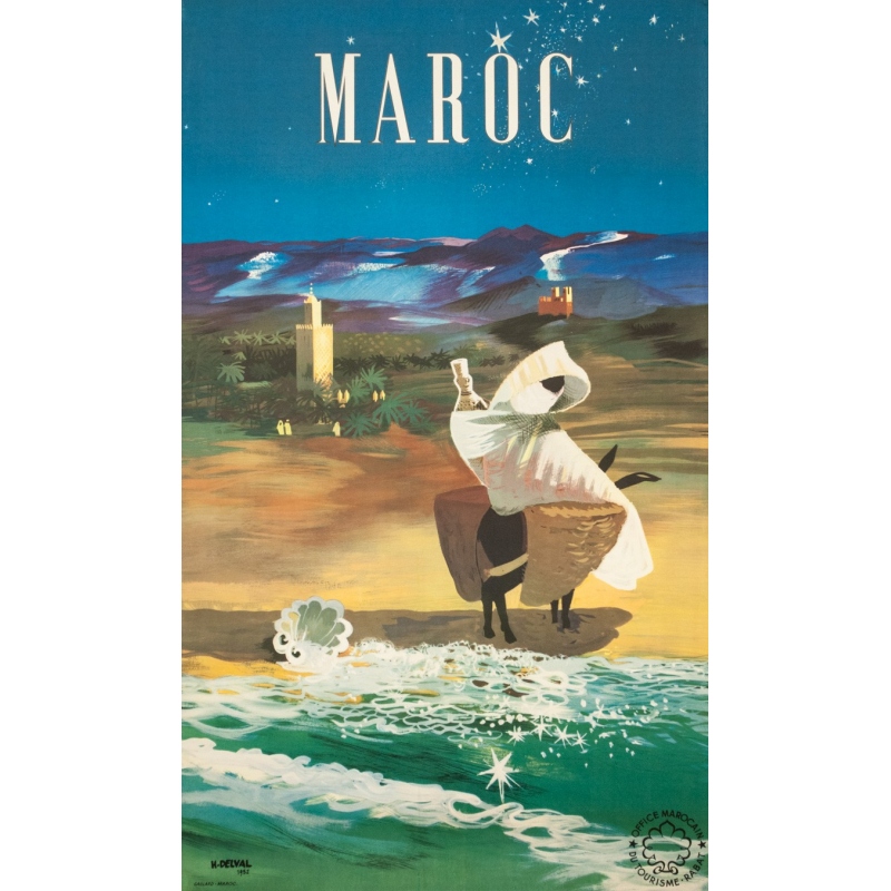 Affiche ancienne de voyage - H.Delval - 1952 - Maroc de nuit - 101 par 60 cm