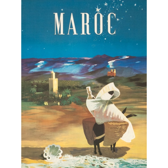 Affiche ancienne de voyage - H.Delval - 1952 - Maroc de nuit - 101 par 60 cm - 2