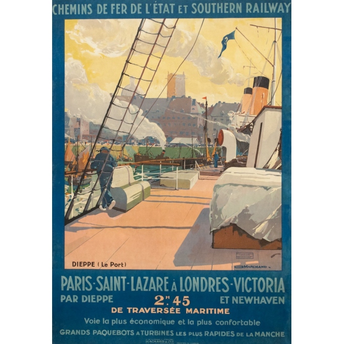 Affiche ancienne de voyage - Guy Marchand  - Circa 1920  - Le Port de Dieppe - 120 par 73 cm